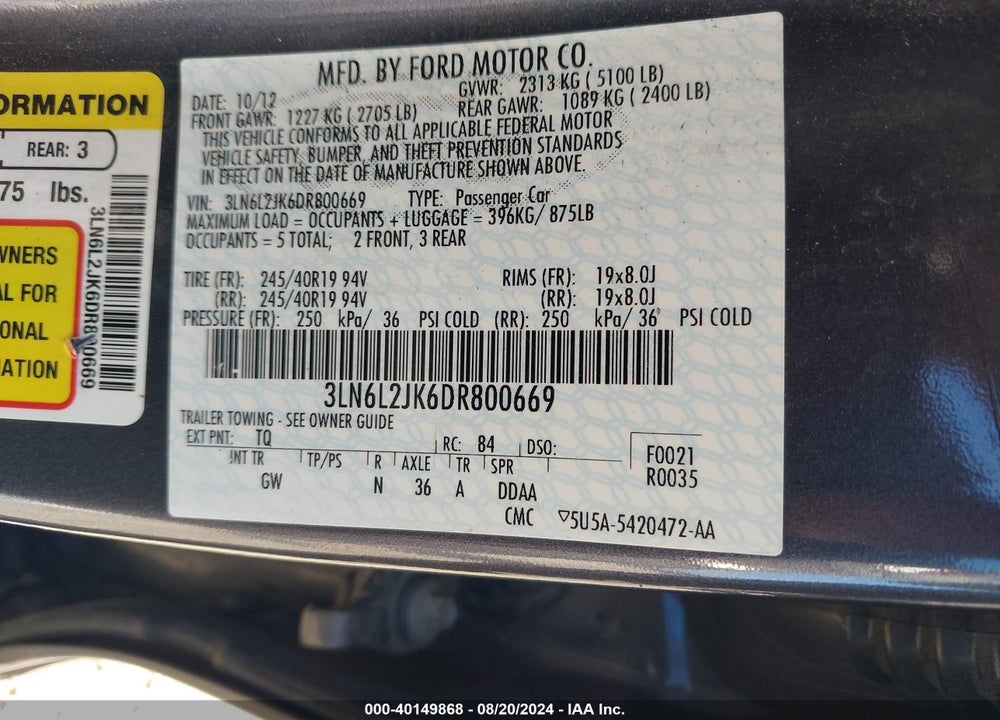2013 LINCOLN MKZ VIN: 3LN6L2JK6DR800669
