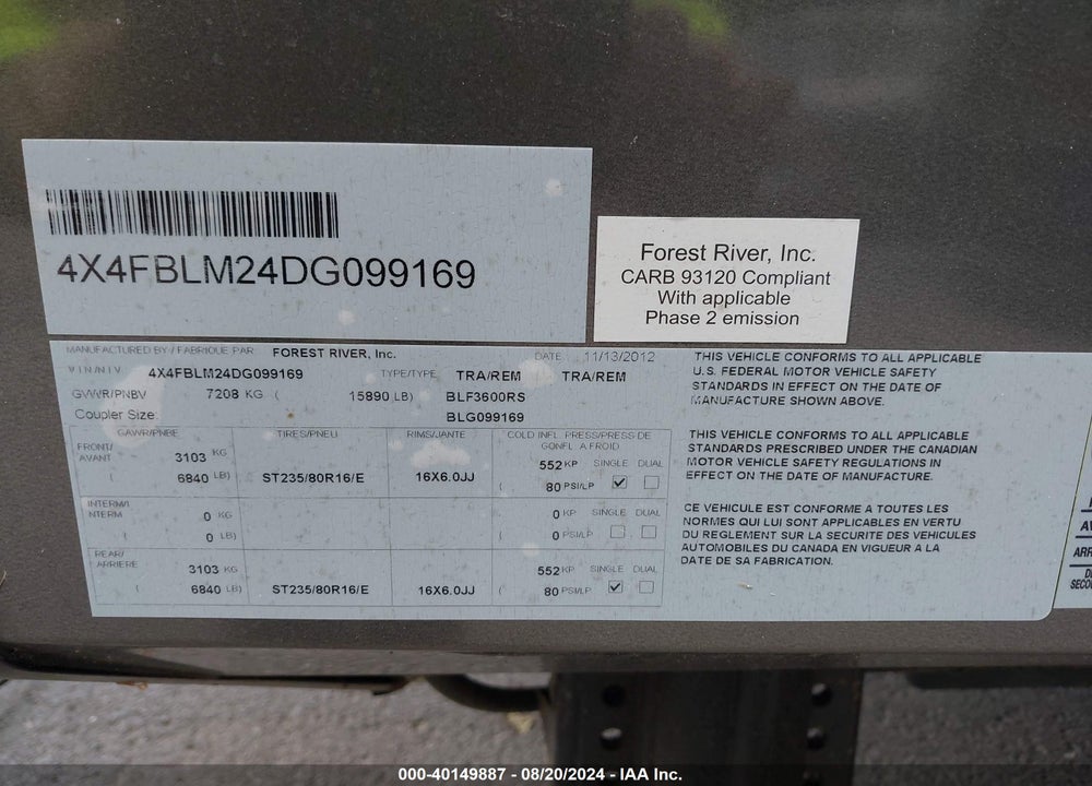 2013 TRAVEL TRAILER OTHER VIN: 4X4FBLM24DG099169