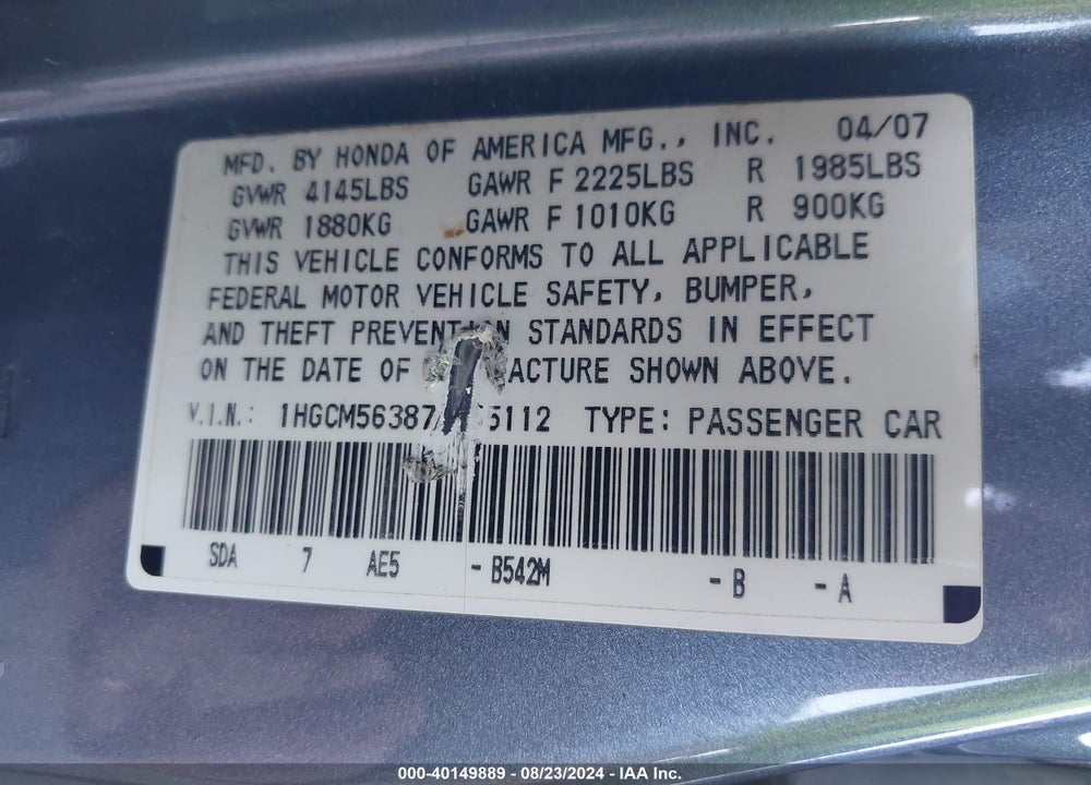 2007 HONDA ACCORD 2.4 SE VIN: 1HGCM56387A155112