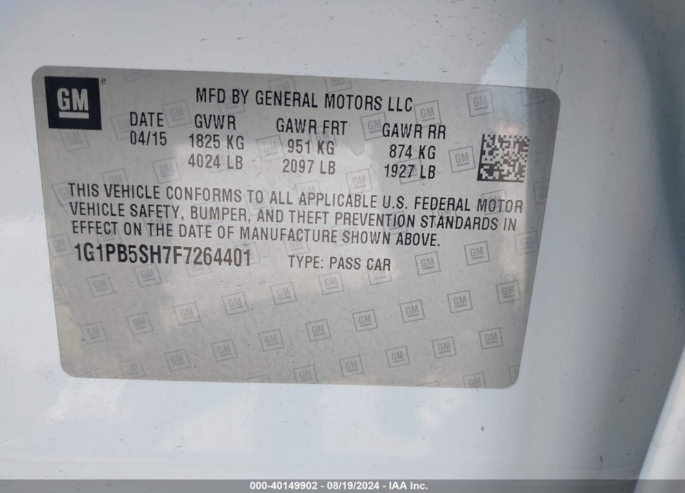 2015 CHEVROLET CRUZE LS MANUAL VIN: 1G1PB5SH7F7264401