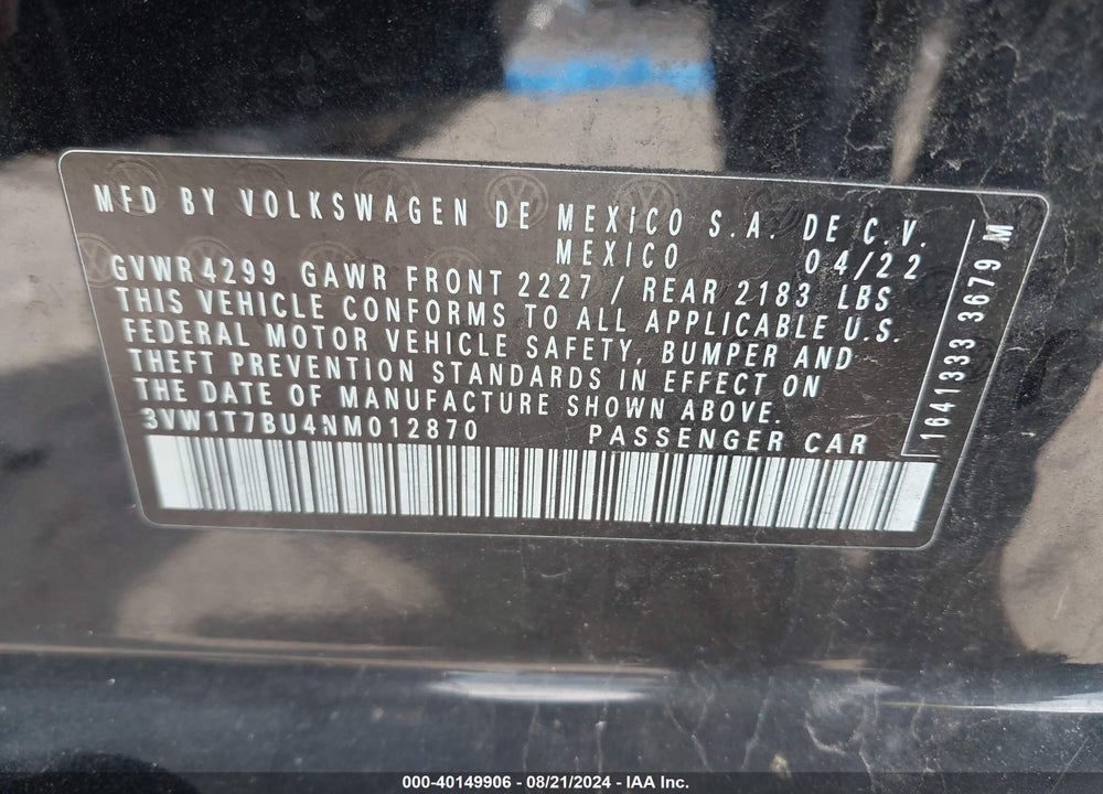 2022 VOLKSWAGEN JETTA GLI 2.0T AUTOBAHN VIN: 3VW1T7BU4NM012870