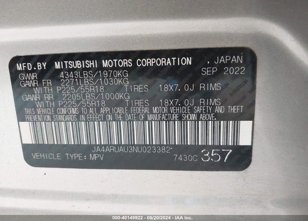 2022 MITSUBISHI OUTLANDER SPORT 2.0 BE AWC/2.0 ES AWC/2.0 LE AWC/2.0 SE AWC/2.0 SE SPECIAL EDITION AWC VIN: JA4ARUAU3NU023382