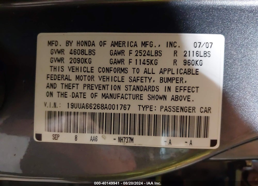 2008 ACURA TL 3.2 VIN: 19UUA66268A001767