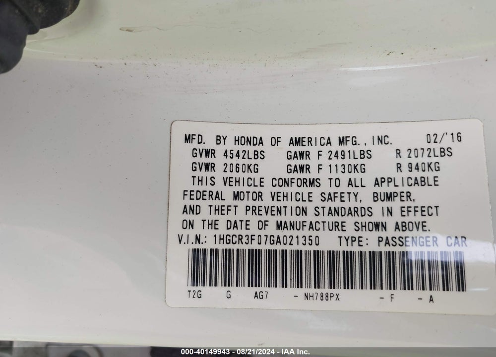 2016 HONDA ACCORD EX-L V-6 VIN: 1HGCR3F07GA021350