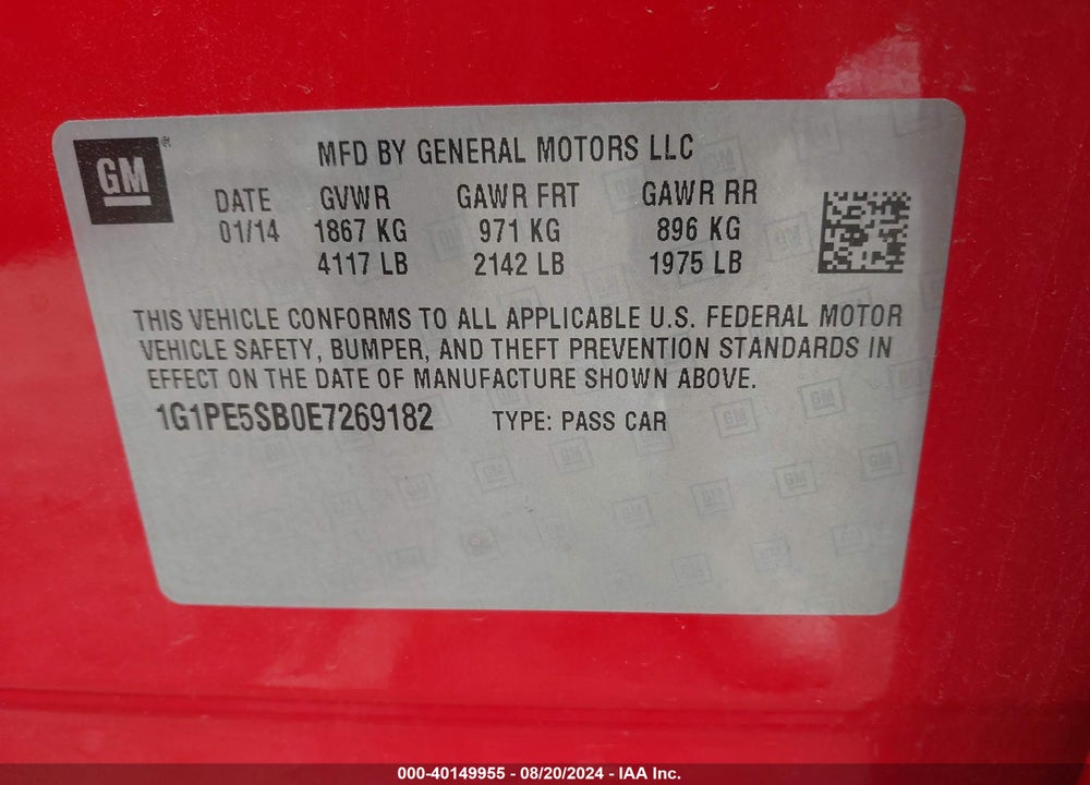2014 CHEVROLET CRUZE 2LT AUTO VIN: 1G1PE5SB0E7269182