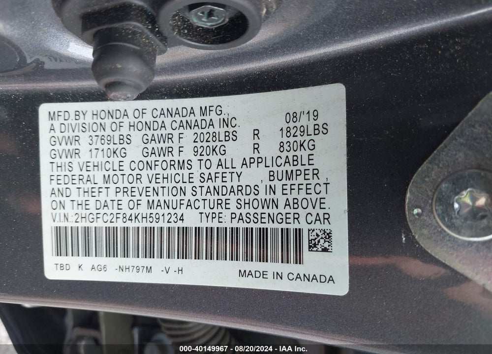 2019 HONDA CIVIC SPORT VIN: 2HGFC2F84KH591234