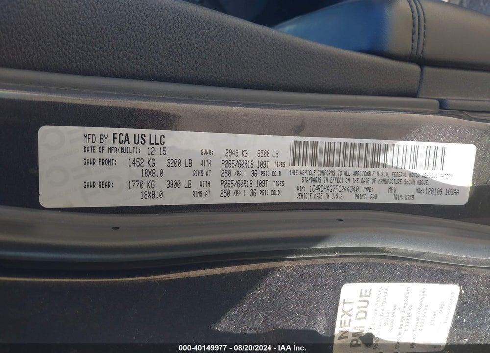 2015 DODGE DURANGO SXT VIN: 1C4RDHAG7FC244340