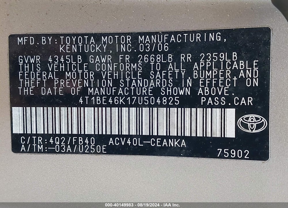 2007 TOYOTA CAMRY LE VIN: 4T1BE46K17U504825