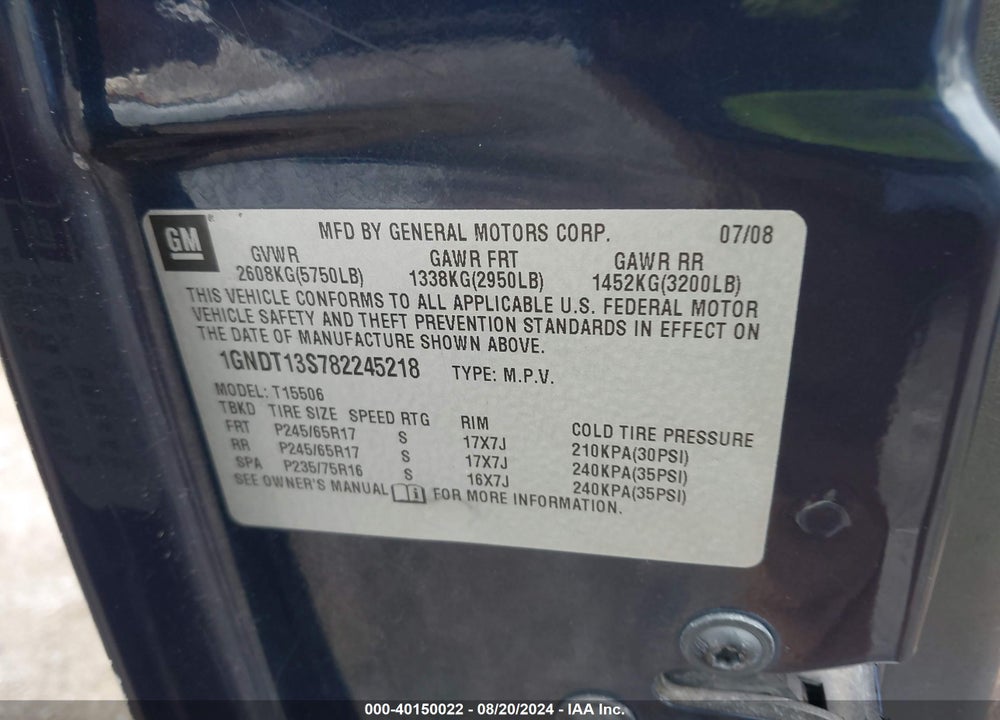 2008 CHEVROLET TRAILBLAZER LT VIN: 1GNDT13S782245218