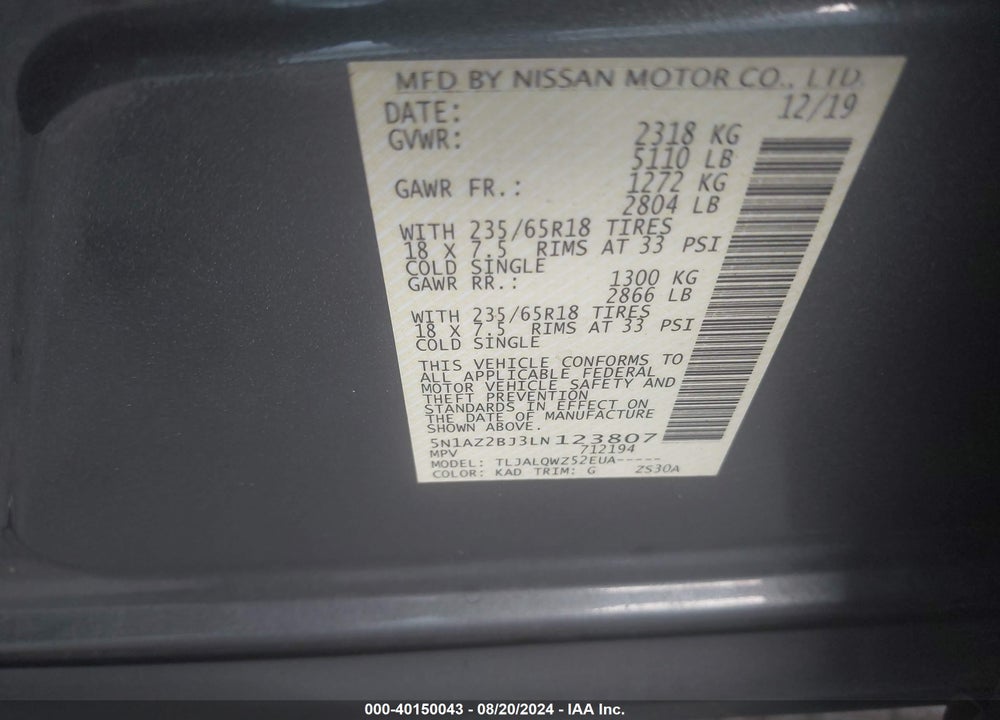 2020 NISSAN MURANO SV FWD VIN: 5N1AZ2BJ3LN123807