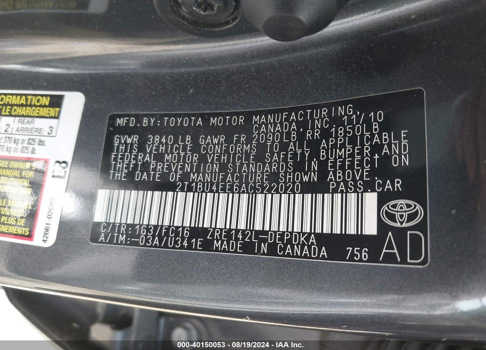 2010 TOYOTA COROLLA LE VIN: 2T1BU4EE6AC522020