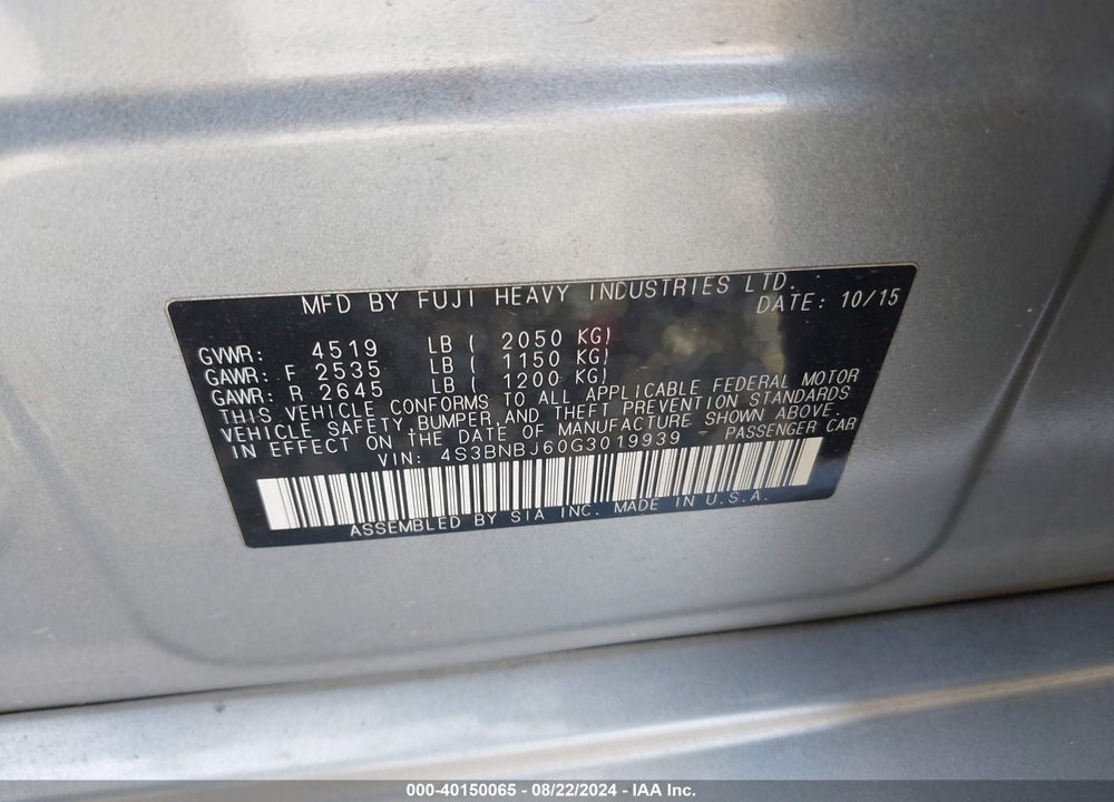 2016 SUBARU LEGACY 2.5I LIMITED VIN: 4S3BNBJ60G3019939