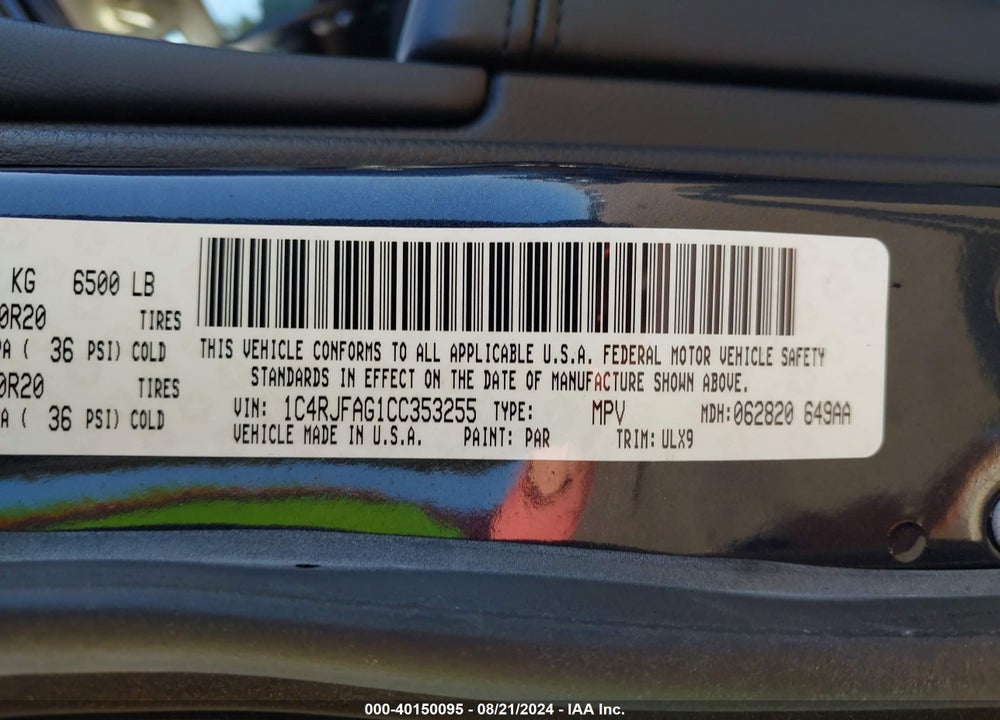 2012 JEEP GRAND CHEROKEE LAREDO VIN: 1C4RJFAG1CC353255