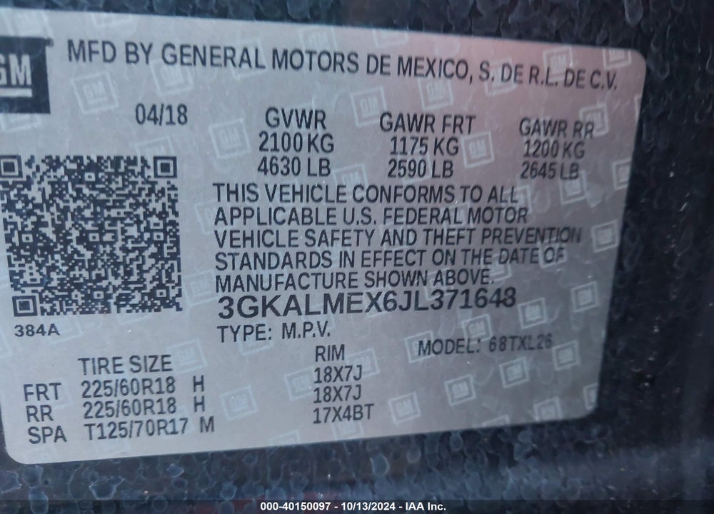 2018 GMC TERRAIN SLE VIN: 3GKALMEX6JL371648