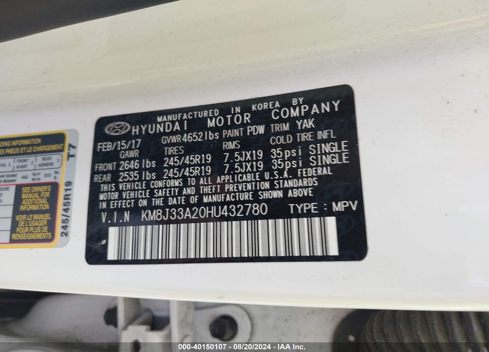 2017 HYUNDAI TUCSON LIMITED VIN: KM8J33A20HU432780