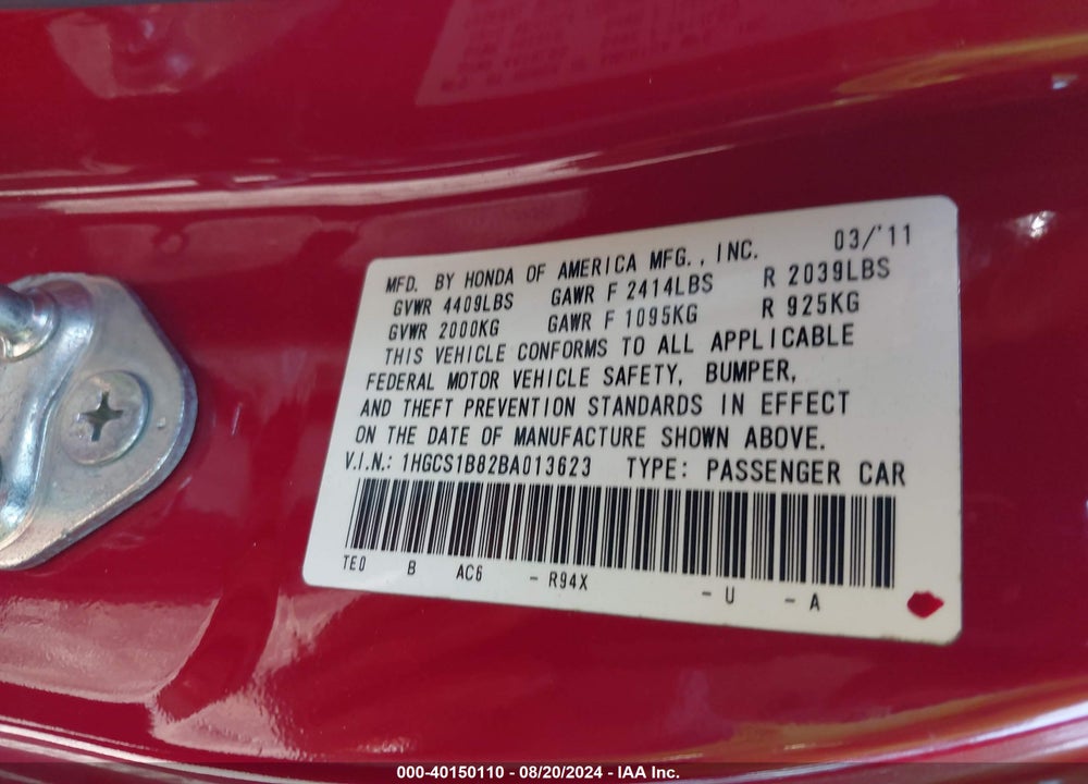 2011 HONDA ACCORD 2.4 EX-L VIN: 1HGCS1B82BA013623