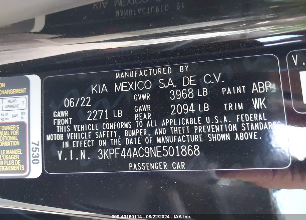2022 KIA FORTE GT VIN: 3KPF44AC9NE501868