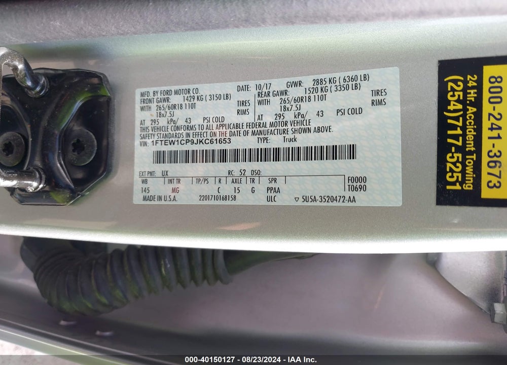 2018 FORD F-150 VIN: 1FTEW1CP9JKC61653