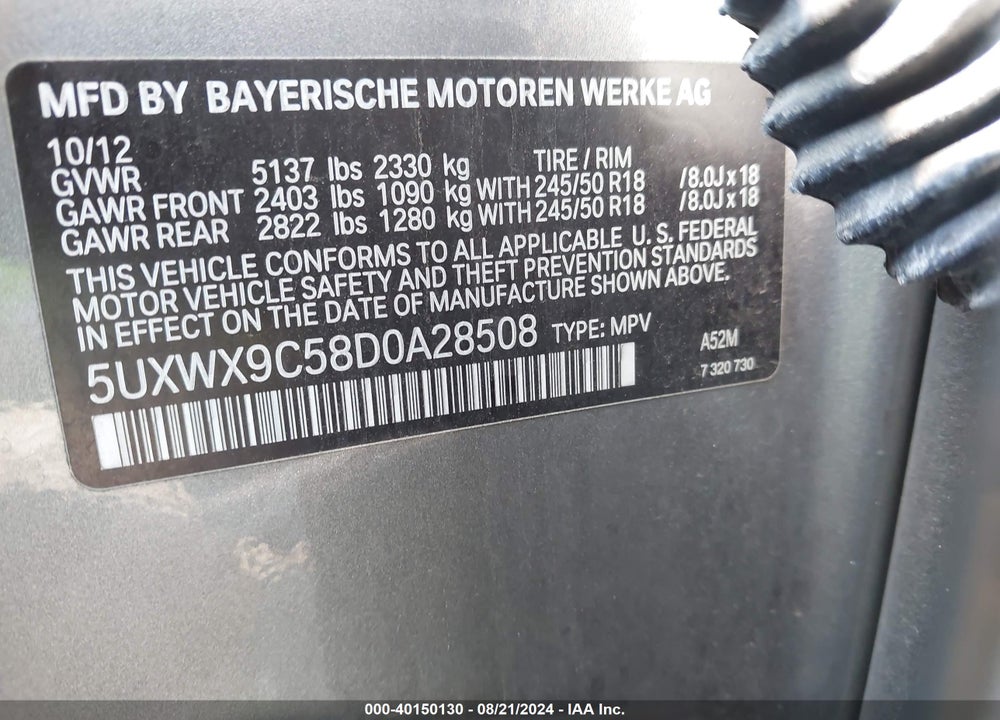 2013 BMW X3 XDRIVE28I VIN: 5UXWX9C58D0A28508