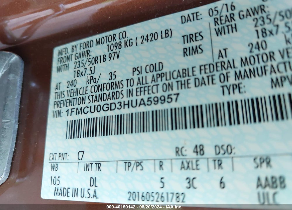 2017 FORD ESCAPE SE VIN: 1FMCU0GD3HUA59957