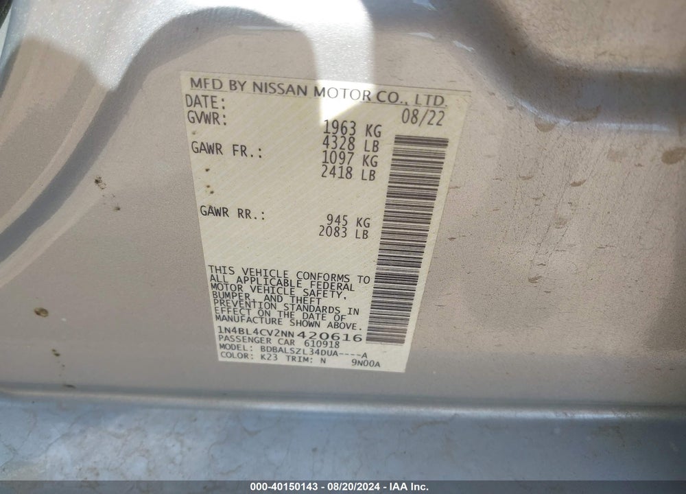 2022 NISSAN ALTIMA SR FWD VIN: 1N4BL4CV2NN420616