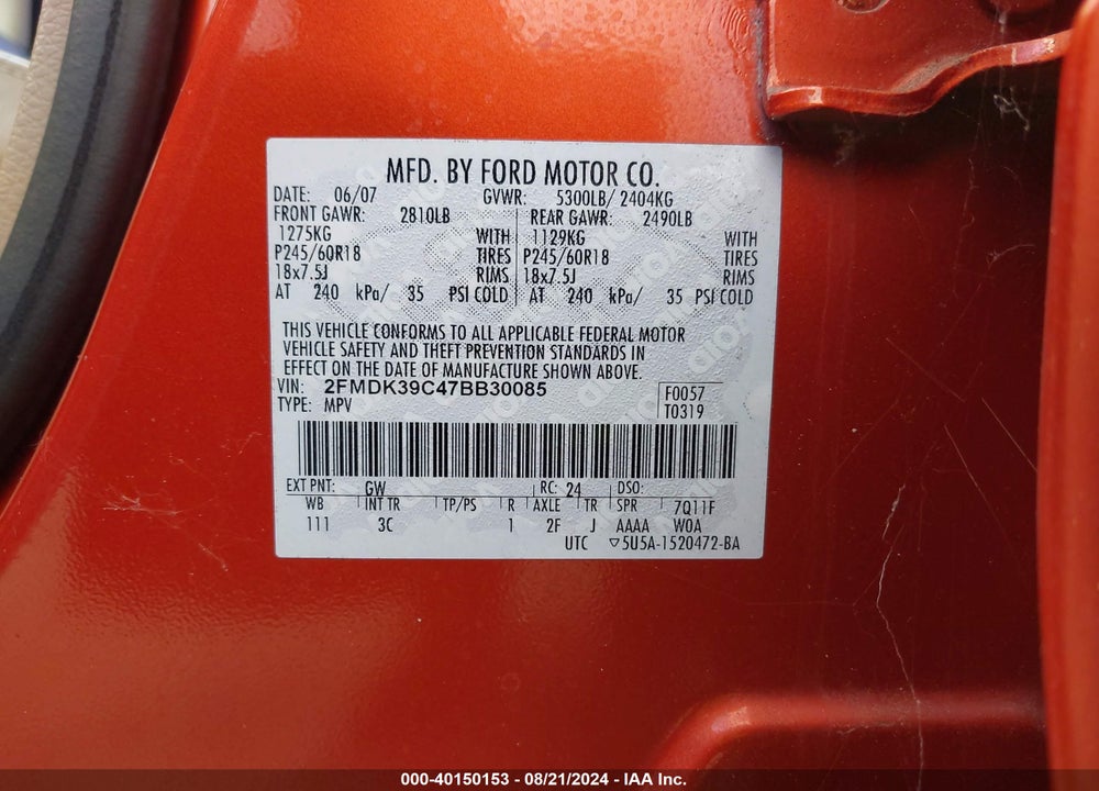 2007 FORD EDGE SEL PLUS VIN: 2FMDK39C47BB30085