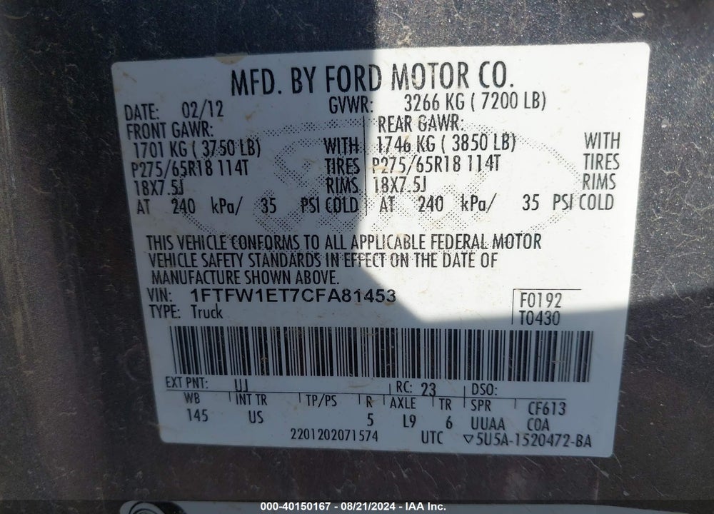 2012 FORD F-150 XLT VIN: 1FTFW1ET7CFA81453
