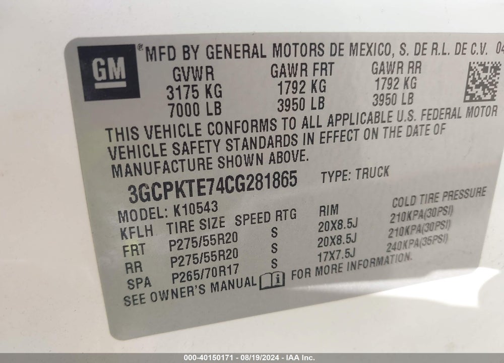 2012 CHEVROLET SILVERADO 1500 LTZ VIN: 3GCPKTE74CG281865
