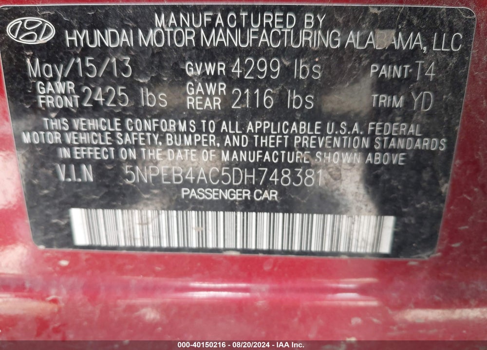 2013 HYUNDAI SONATA GLS VIN: 5NPEB4AC5DH748381