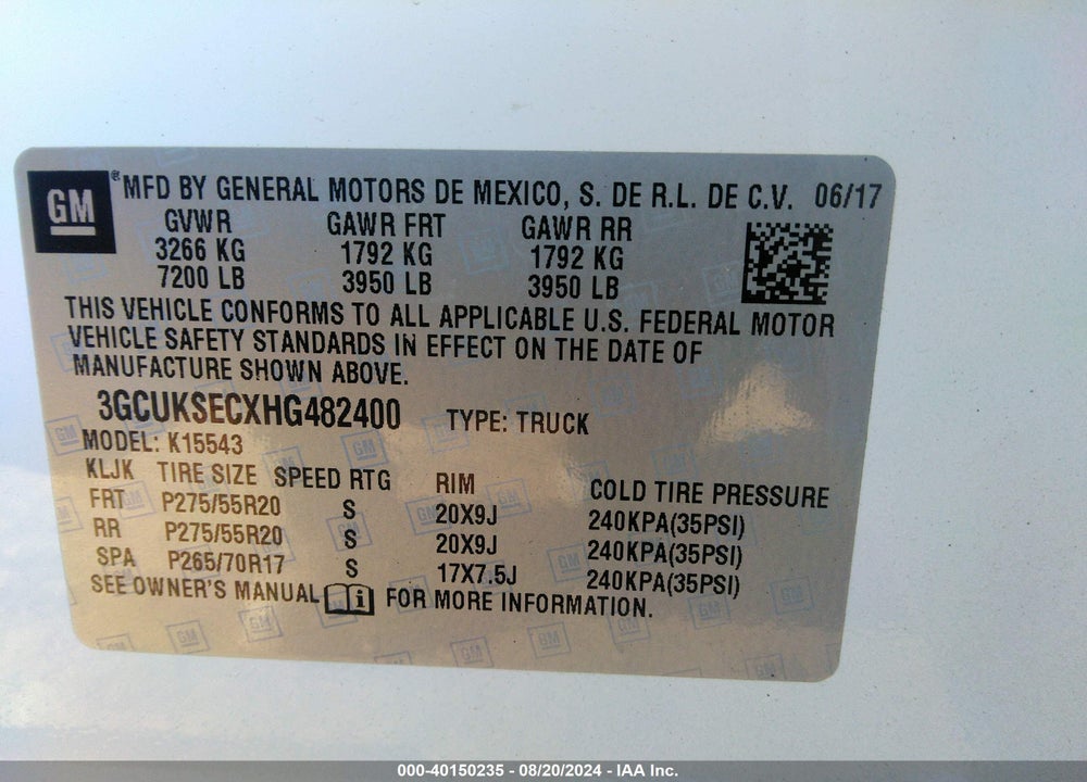 2017 CHEVROLET SILVERADO 1500 1LZ VIN: 3GCUKSECXHG482400