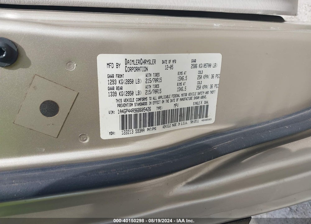 2006 CHRYSLER TOWN & COUNTRY LX VIN: 1A4GP44R96B605426