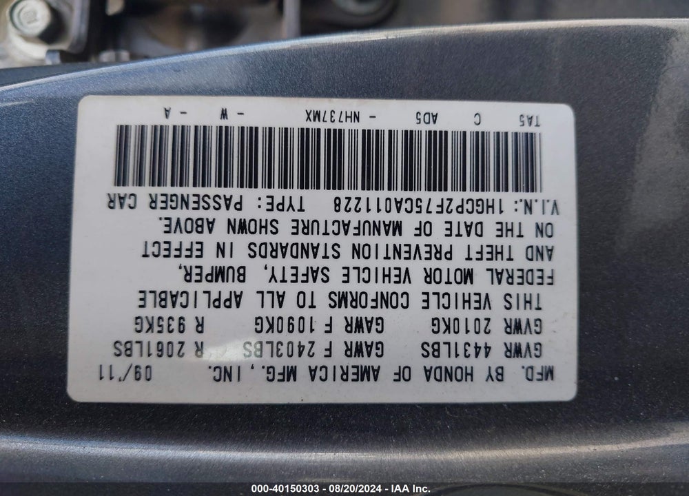 2012 HONDA ACCORD 2.4 EX VIN: 1HGCP2F75CA011228