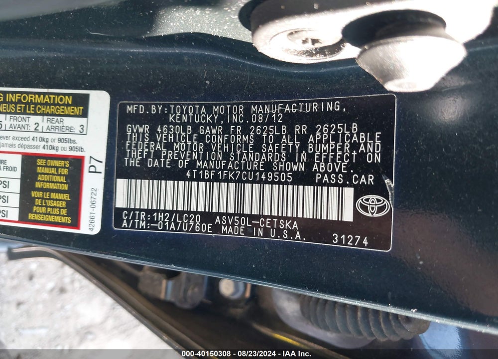 2012 TOYOTA CAMRY SE VIN: 4T1BF1FK7CU149505