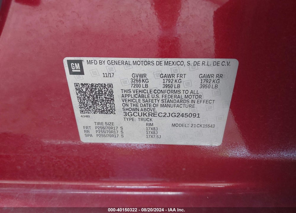 2018 CHEVROLET SILVERADO 1500 1LT VIN: 3GCUKREC2JG245091