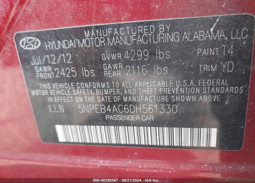 2013 HYUNDAI SONATA GLS VIN: 5NPEB4AC6DH561330