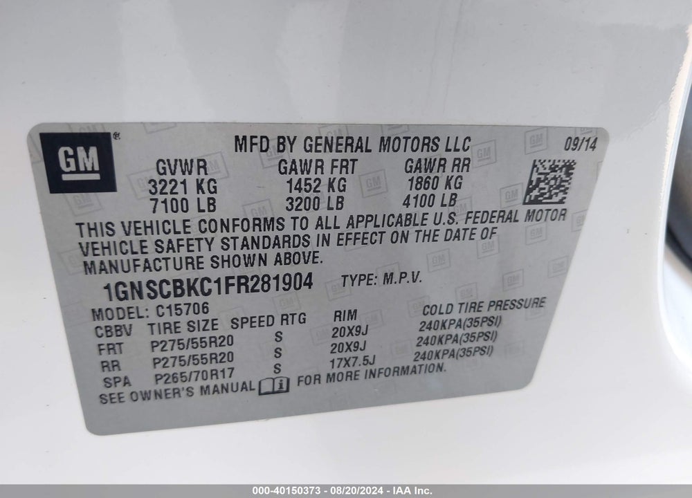 2015 CHEVROLET TAHOE LT VIN: 1GNSCBKC1FR281904