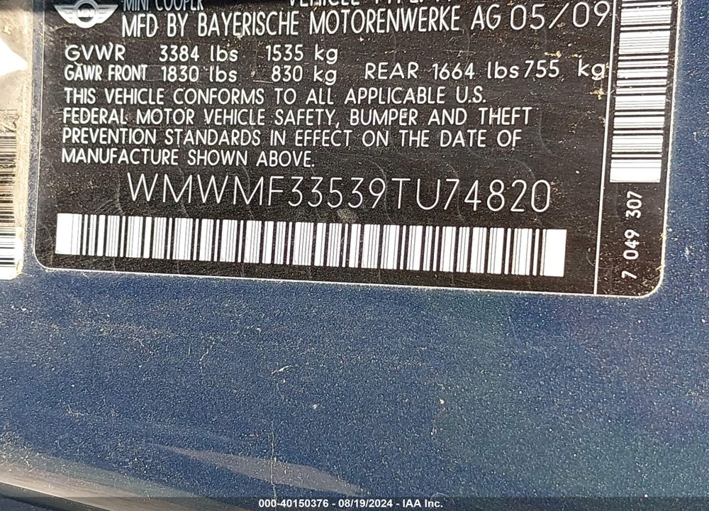 2009 MINI COOPER VIN: WMWMF33539TU74820