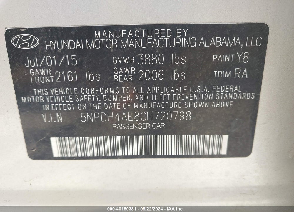 2016 HYUNDAI ELANTRA SE VIN: 5NPDH4AE8GH720798