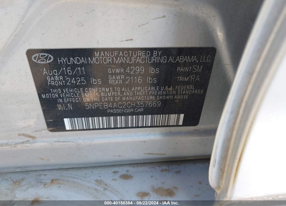 2012 HYUNDAI SONATA GLS VIN: 5NPEB4AC2CH357669