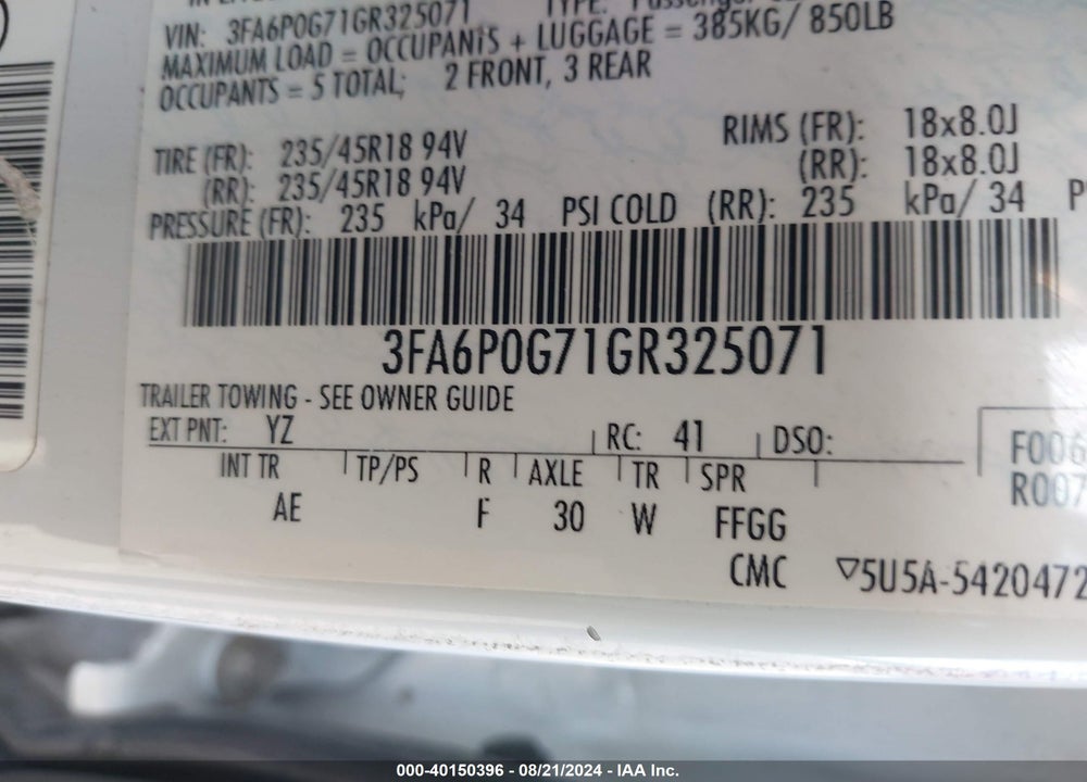 2016 FORD FUSION S VIN: 3FA6P0G71GR325071