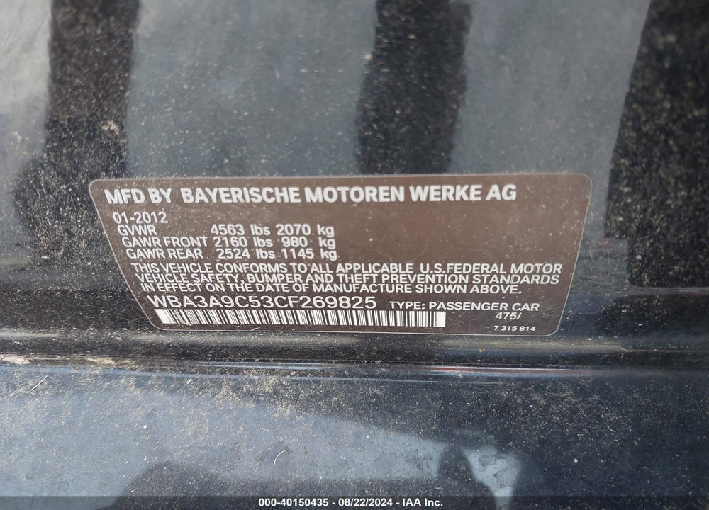 2012 BMW 335I VIN: WBA3A9C53CF269825