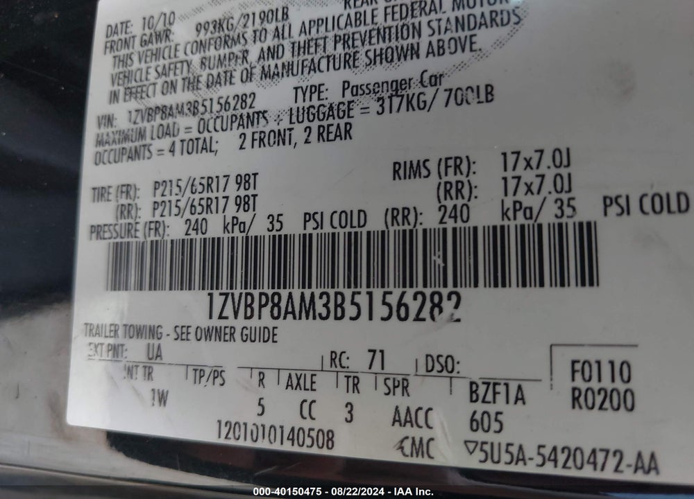 2011 FORD MUSTANG V6 VIN: 1ZVBP8AM3B5156282