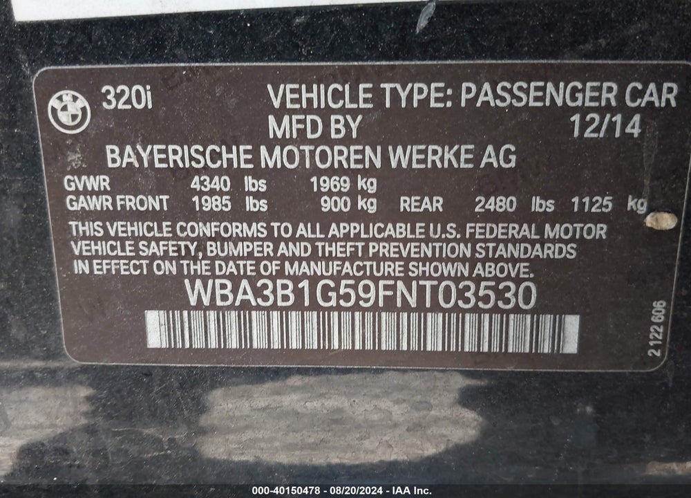 2015 BMW 320I VIN: WBA3B1G59FNT03530