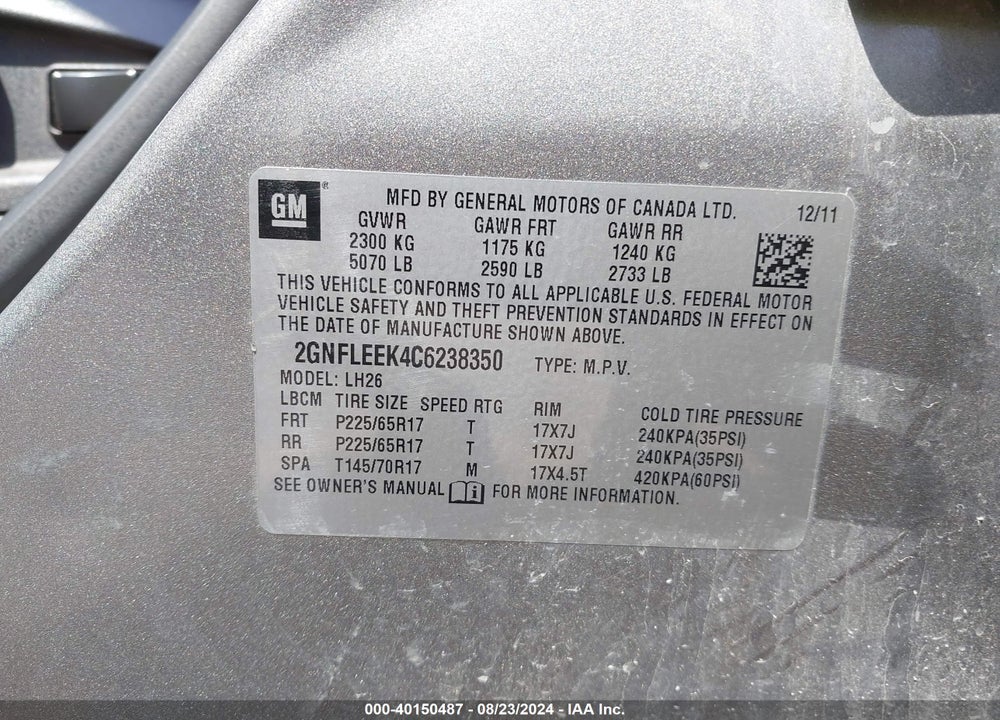 2012 CHEVROLET EQUINOX 1LT VIN: 2GNFLEEK4C6238350