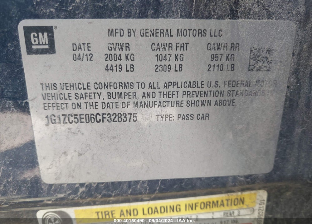 2012 CHEVROLET MALIBU 1LT VIN: 1G1ZC5E06CF328375