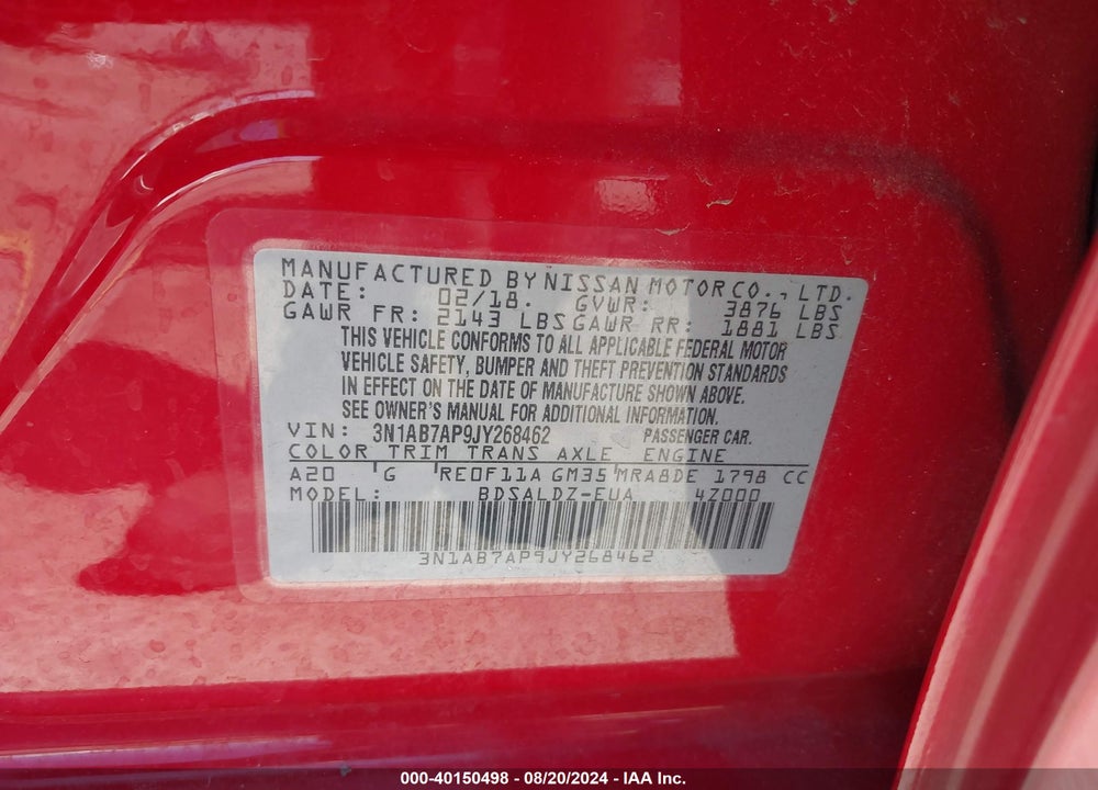 2018 NISSAN SENTRA SV VIN: 3N1AB7AP9JY268462