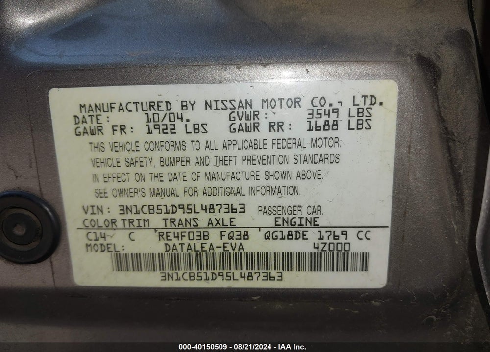 2005 NISSAN SENTRA 1.8S VIN: 3N1CB51D95L487363