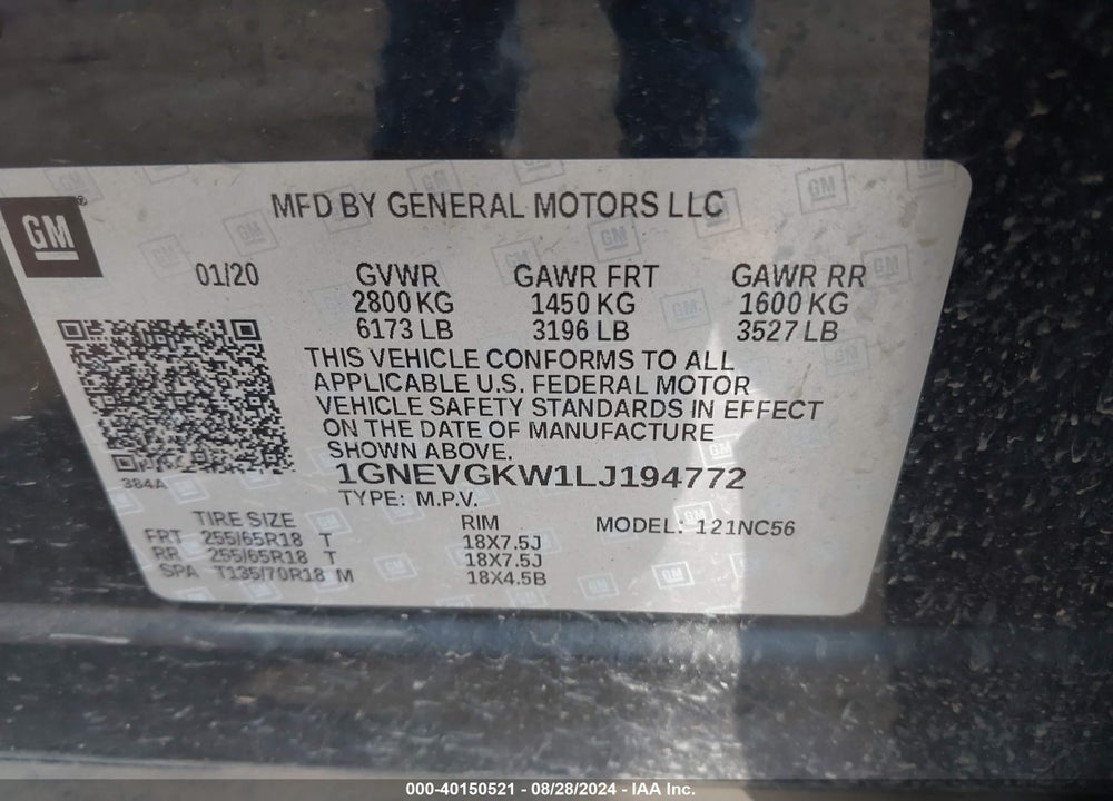 2020 CHEVROLET TRAVERSE AWD LT CLOTH VIN: 1GNEVGKW1LJ194772