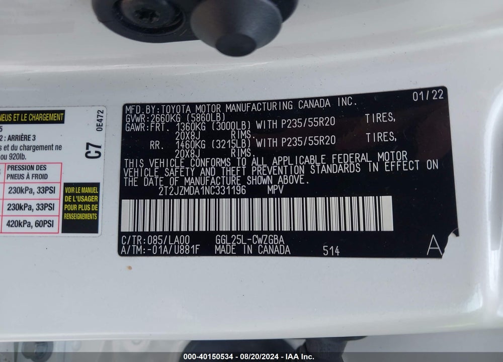 2022 LEXUS RX 350 VIN: 2T2JZMDA1NC331196