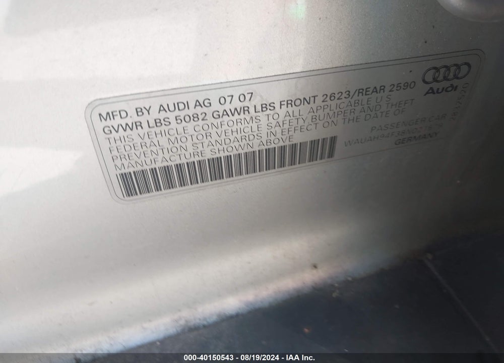 2008 AUDI A6 3.2 VIN: WAUAH94F38N021579